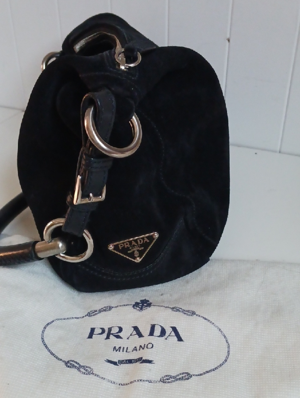 PRADA BLK SUEDE HOBO BAG. - Picture 7 of 8